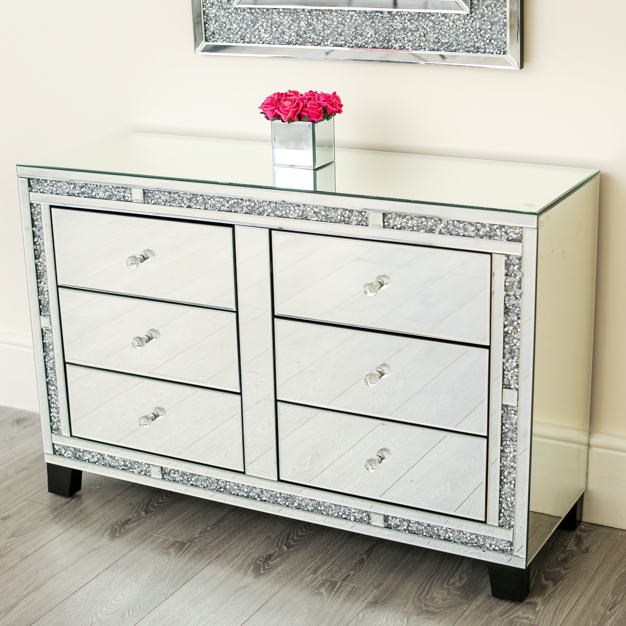 Sparkling Luxury Mirrored Chest Drawer Glass Sideboard Bedroom